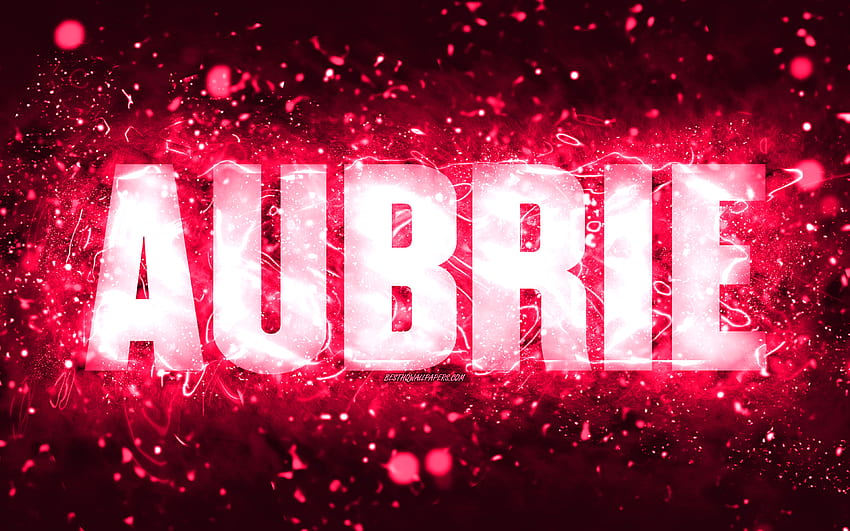 Happy Birtay Aubrie, luces de neón rosas, nombre de Aubrie, creativo, Aubrie Happy Birtay, Aubrie Birtay, nombres femeninos estadounidenses populares, con el nombre de Aubrie, Aubrie fondo de pantalla