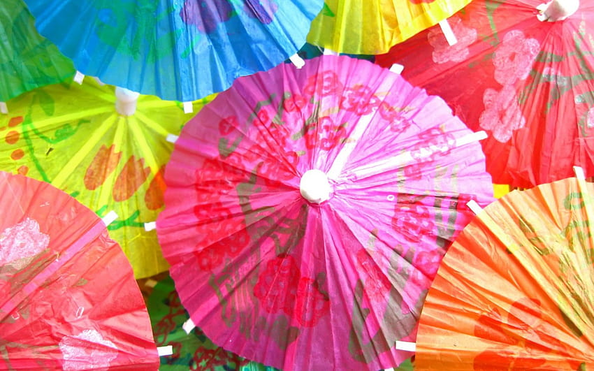 Umbrellas, blue, umbrella, summer, pink, yellow, green HD wallpaper