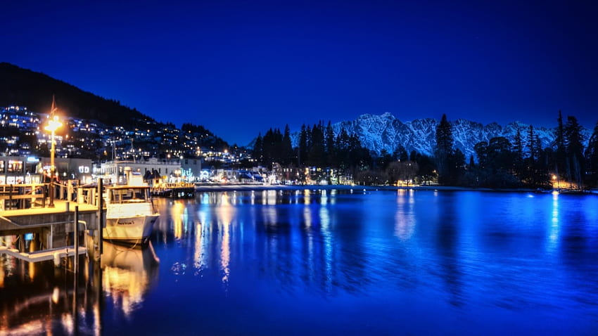 Lakeside town on a blue night, night, blue, town, boats, mountains ...