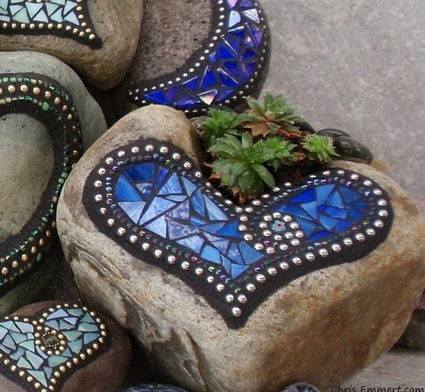 Mosaic Garden Stones, gardens, still life, graphy, hearts, ideas, stones HD wallpaper