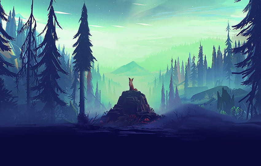 Wald, Fuchs, Bäume, Landschaft, Natur, Felsen, Tier, Digital Art Illustration HD-Hintergrundbild