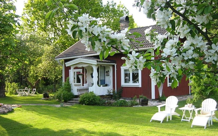 Haus im Frühling, Haus, Bäume, Gras, Blüten, Frühling HD-Hintergrundbild