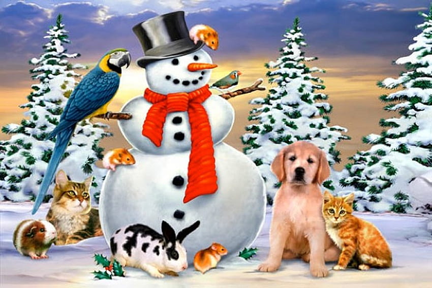 Por Howard Robinson, gatinho, inverno, cachorro, animal, feriado, pintura, neve, doce, pássaro, arte, gato, Howard robinson, árvore, coelho, boneco de neve, cachorro, Natal, gelo papel de parede HD