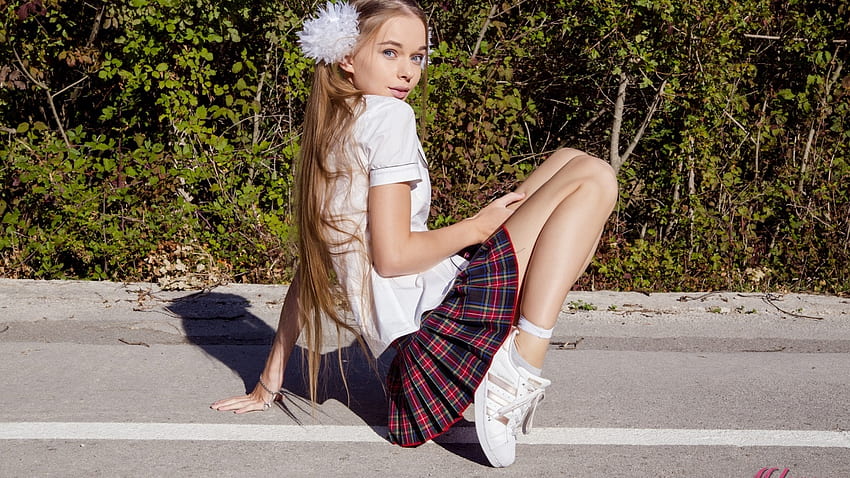 TARA KARPENKO, blonde, plaid pleated skirt, white blouse, ankle socks and gym shoes, bracelet, white decorative flower HD wallpaper