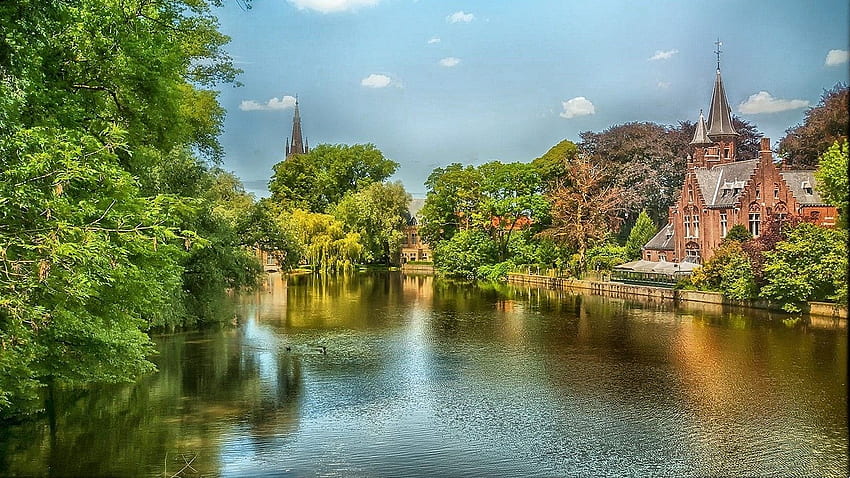 River: Calm Reflection Trees Canal Green Belgium Church Bruges, Belgian Landscape HD wallpaper