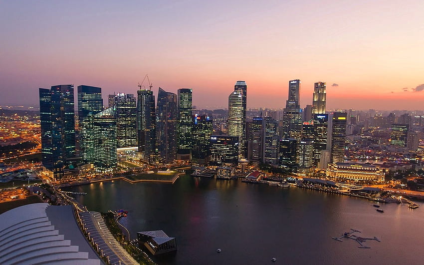 Ciudades, Ríos, Puesta de sol, Edificio, Rascacielos, Singapur fondo de pantalla