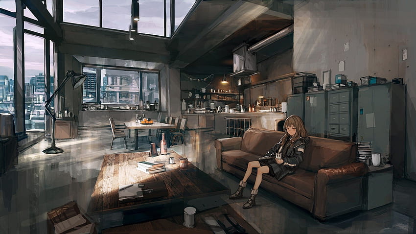 Anime Girl, Zimmer, Gebäude, Kunstwerk HD-Hintergrundbild