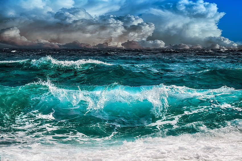 Waves sea, sky, clouds, blue-green, storm HD wallpaper