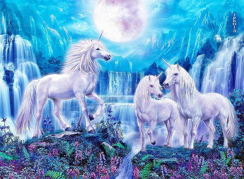 *Blue Mist Falls*, blue, sweet, unicorns, fairytale, dreams, beauty, horses, moonlight, moon, fantasy, waterfall, unicorn, dreamy, water, imagine, pure HD wallpaper