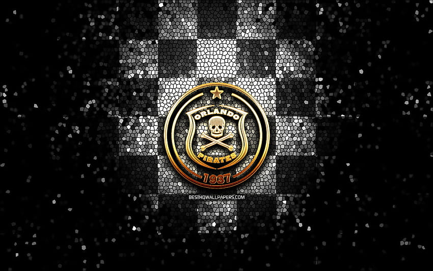 Orlando Pirates FC, logo scintillant, Premier Soccer League, fond noir à carreaux blancs, football, club de football sud-africain, logo Orlando Pirates, art de la mosaïque, football, PSL Fond d'écran HD