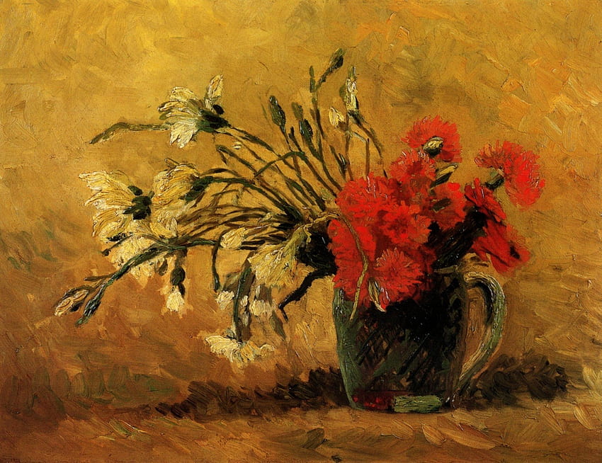 vaso de flor de vincent van gogh padrão de cravos vermelhos papel de parede HD