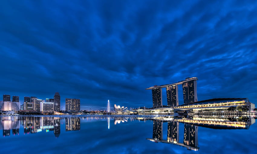 skyscrapers, reflection, architecture, bay, lights, night, Singapore Landscape HD wallpaper