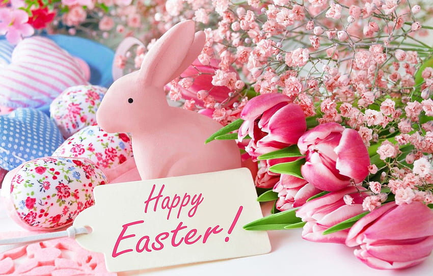 flowers, Easter, tulips, happy, pink, flowers, tulips, spring, Easter, eggs, bunny, decoration, pastel, the painted eggs for , section праздники HD wallpaper