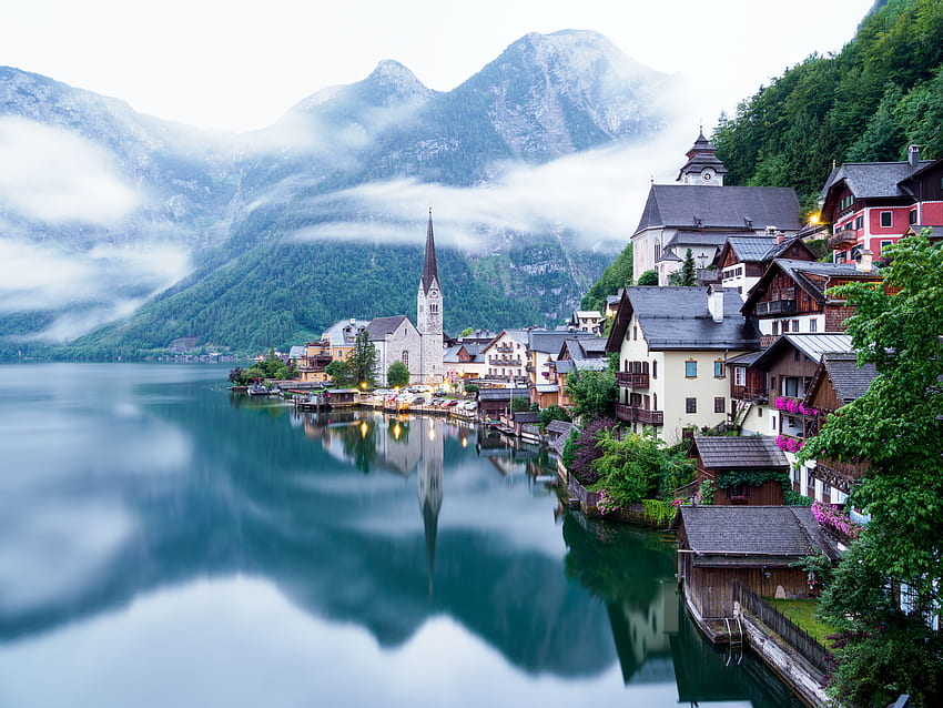 Miasta, góry, jezioro, Austria, wieś, Hallstatt Tapeta HD