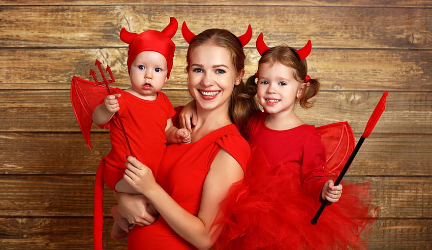 สุขสันต์วันฮัลโลวีน เด็ก ๆ เขา เด็กผู้หญิง ปิศาจ ผู้หญิง ตัวเล็ก ๆ ฮัลโลวีน สีแดง แม่ วอลล์เปเปอร์ HD