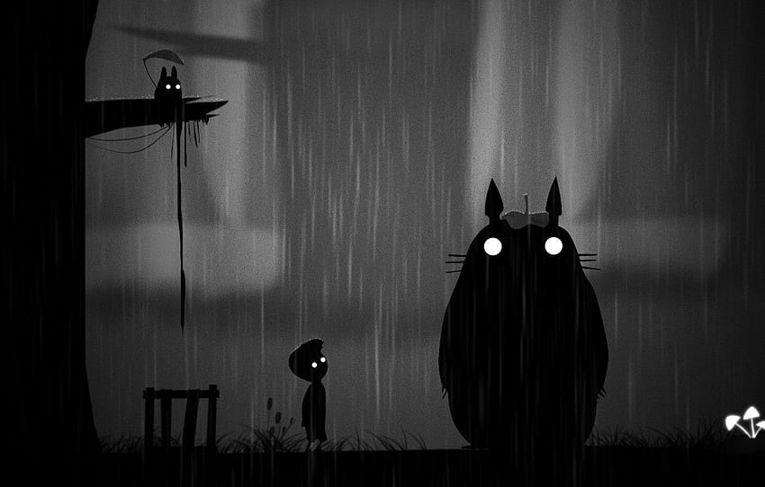 нощ, дъжд, изкуство, Тоторо, Лимбо. момче за , раздел разное, Black Totoro HD тапет