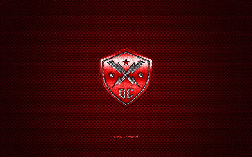 DC Defenders, klub futbolu amerykańskiego, XFL, czerwone logo, czerwone tło z włókna węglowego, futbol amerykański, Waszyngton, USA, logo DC Defenders Tapeta HD