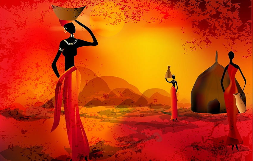 women, the sun, sunset, silhouette, Africa, African Women HD wallpaper