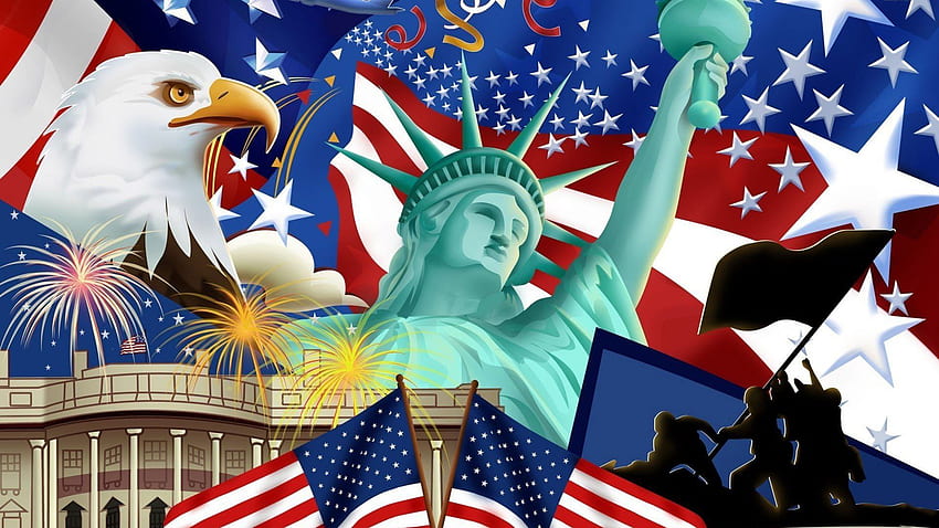 สัญลักษณ์อเมริกัน Bald Eagle รูปปั้นธงดาวทำเนียบขาวทหารเครื่องบินริบบิ้นดอกไม้ไฟสำหรับพีซีและมือถือ, USA Flag Eagle วอลล์เปเปอร์ HD