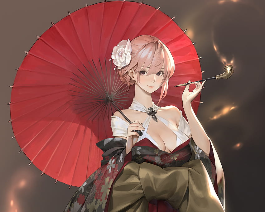 Girl with parasol, umbrella, kimono, asian, parasol, girl, wonjo jung, anime, red, manga HD wallpaper