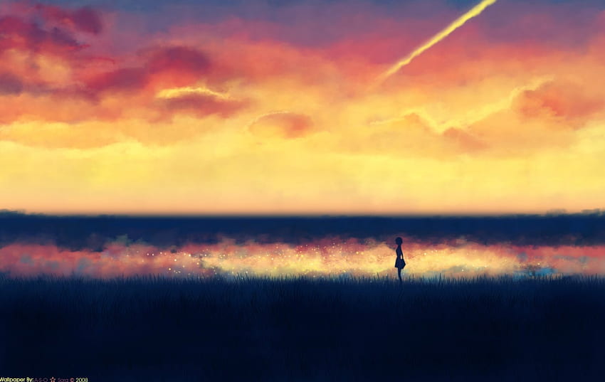Alone at the field, anime, field, alone, toki wa kakeru shoujo, sunset ...