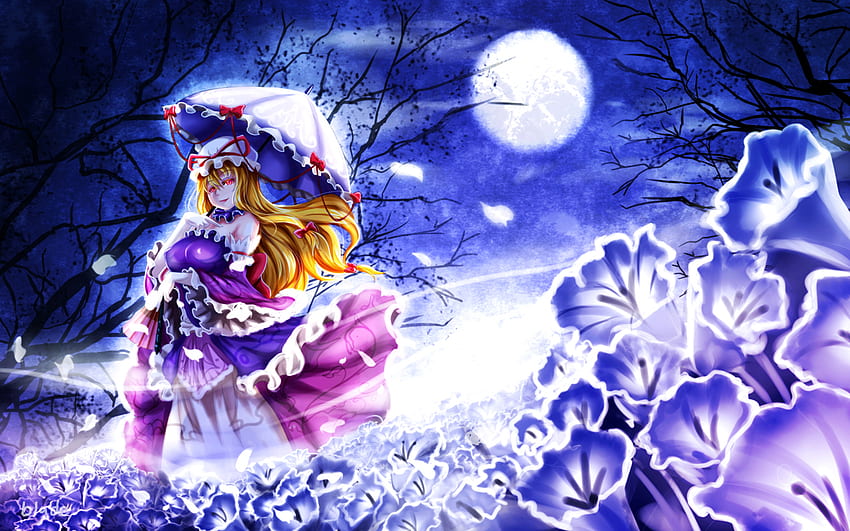 Yakumo Yukari, notte, ombrello, da solo, buio, ragazza anime, rosa, luna, touhou, fiore di ciliegio, capelli biondi, donna Sfondo HD