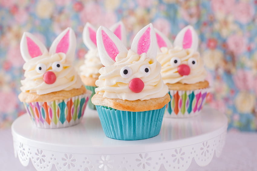 Kue mangkuk Paskah, kelinci, biru, merah muda, pencuci mulut, telinga, kue mangkuk, paskah, makanan, manis Wallpaper HD