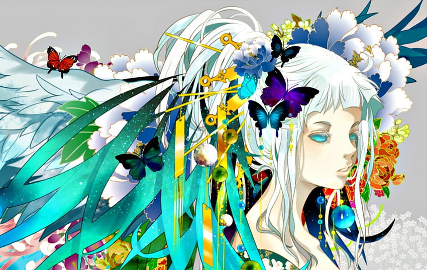 Chica anime, azul, alas, blanco, arte, niña, púrpura, anime, mariposa, flor, verde, rojo, cabello, manga fondo de pantalla