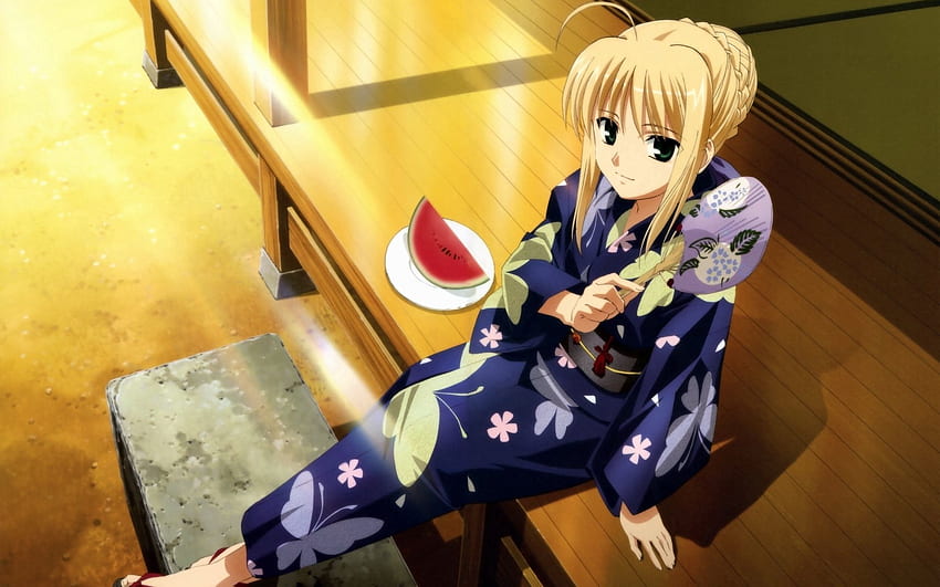 Anime, niña, sandía, rubia, kimono, lóbulo, clavo, ventilador fondo de pantalla