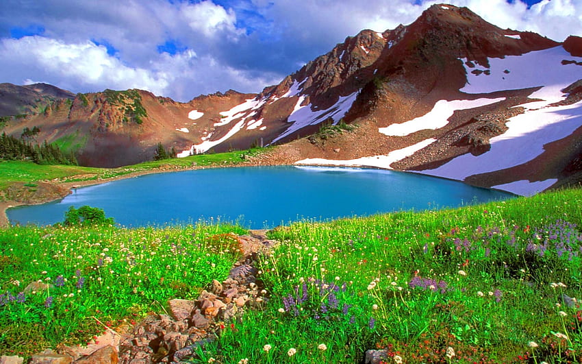 Paisagem montanhosa, azul, bom, flores silvestres, colinas, nevado, paisagem, prado, bonita, grama, lago, montanha, falésias, visão, nuvens, natureza, céu, flores, adorável, pico papel de parede HD