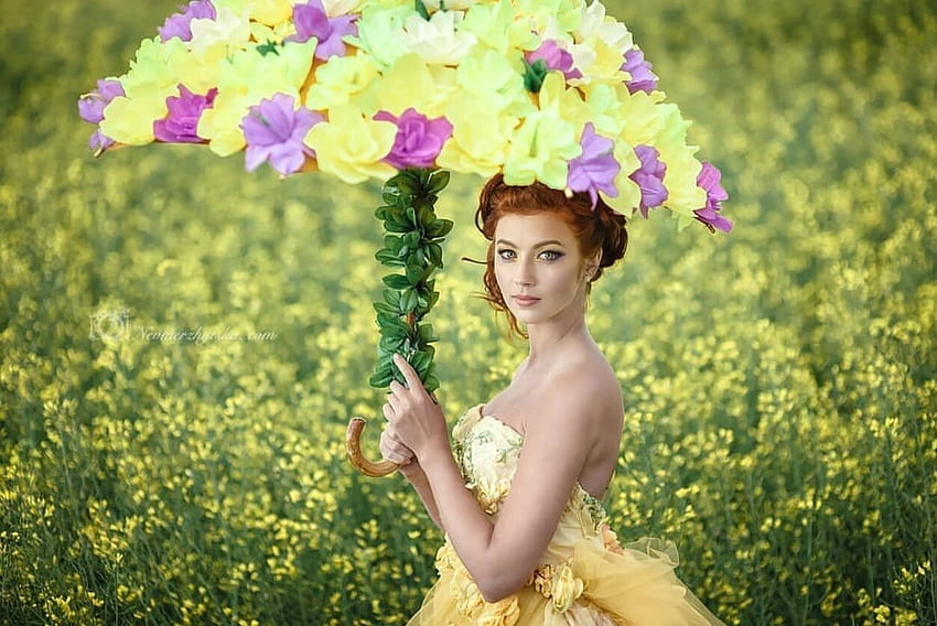 ⋄⋄ Lady with Flowered Parasol ⋄⋄, yellow, Field, Lady, flowers, Parasol, female HD wallpaper
