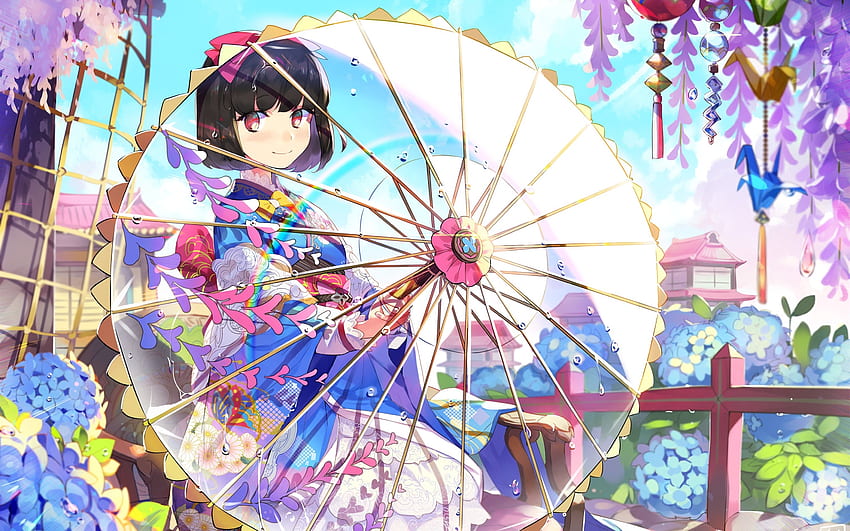 일본 애니메이션 소녀, 우산, 꽃, 기모노, 애니메이션 소녀 우산 HD 월페이퍼