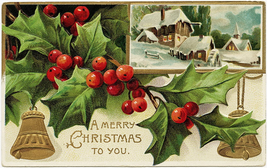 Holly ve Berries Vintage Noel Kartpostalı - Eski, Klasik Noel Sahneleri HD duvar kağıdı
