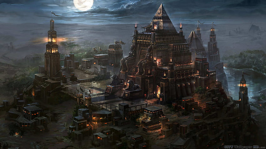 Ancient Egypt. of cities in different countries. Buildings, lights, fog, moon, clouds, Old Egypt HD wallpaper