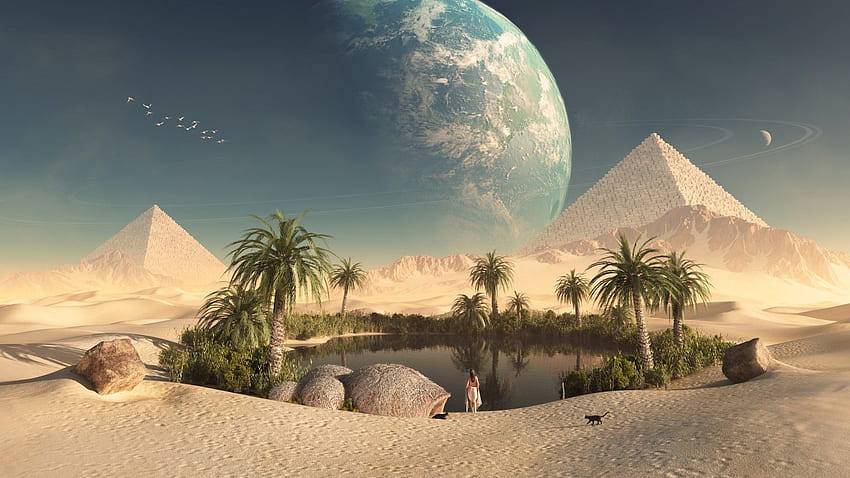 Pirámides de obras de arte de oasis en el desierto de planetas de gatos. Egipto, Pirámide fresca fondo de pantalla