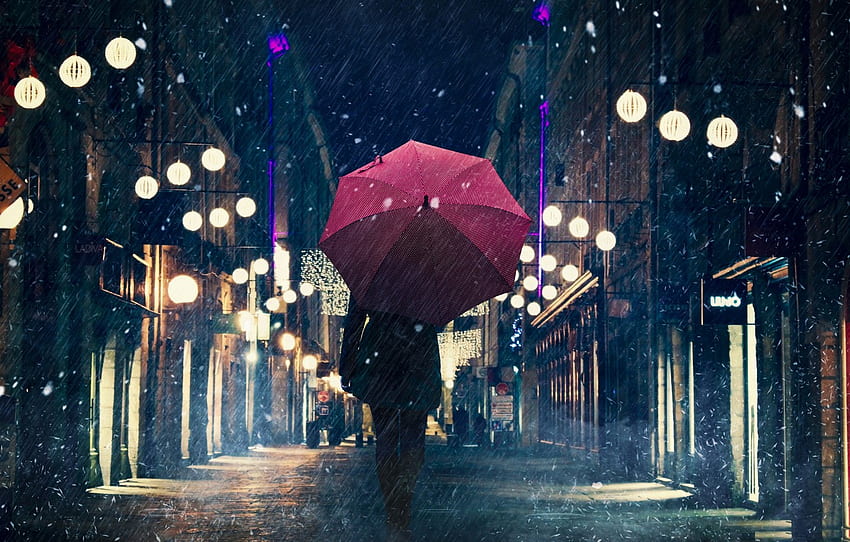 City, Umbrella, Night, Rain, Silhouette - Background Night Street, Rainy Umbrella HD wallpaper