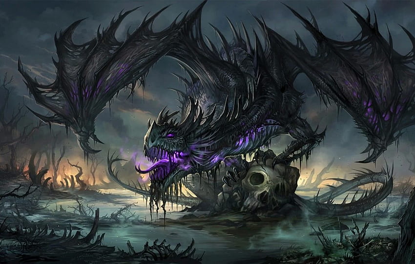 swamp, Dragon, bones, skull, undead for HD wallpaper