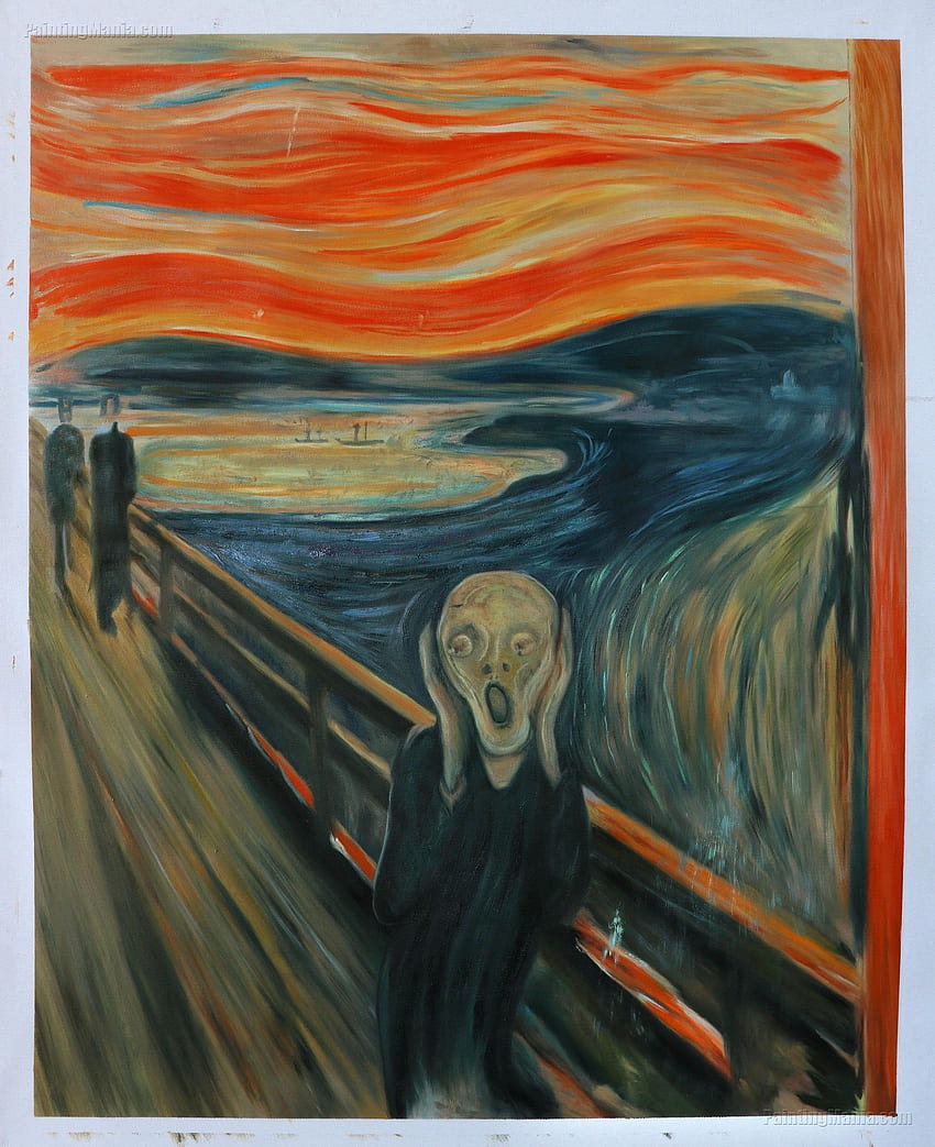 The Scream Edvard Munch Reproduction de peinture à l'huile peinte à la main, figures sur le pont, coucher de soleil avec paysage de ciel orange nuageux, décor de salle d'étude. Peintures les plus célèbres, art célèbre, Edvard Munch Fond d'écran de téléphone HD