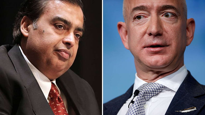 Guerras de comercio electrónico: Jeff Bezos de Amazon contra Mukesh Ambani en India fondo de pantalla