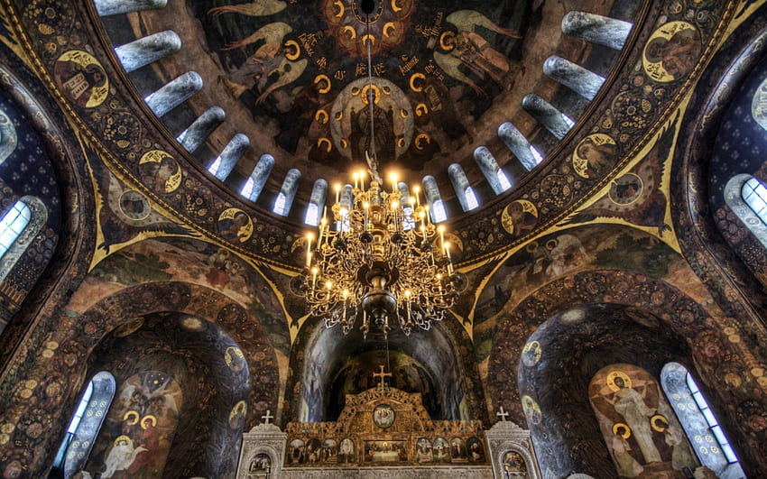 a grand cathedral in kiev r, chandelier, arches, ceiling, r, paintings, cathedral HD wallpaper