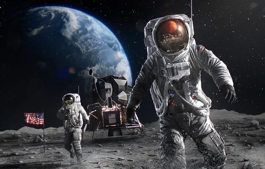 The moon, Earth, astronaut for , section космос - HD wallpaper