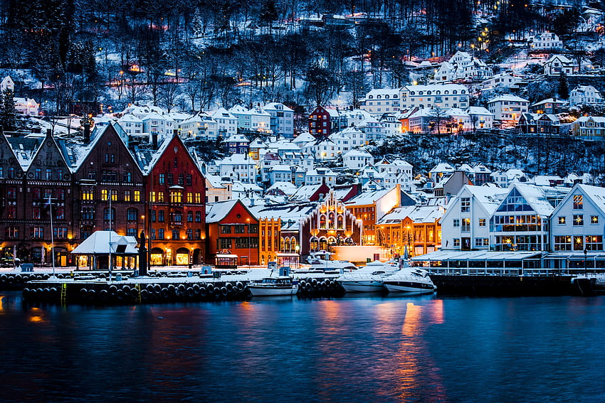 Bergen at night, winter, night, sea, town, slope, cold, beautiful, houses, panorama, north, reflection, christmas, snow, view HD wallpaper