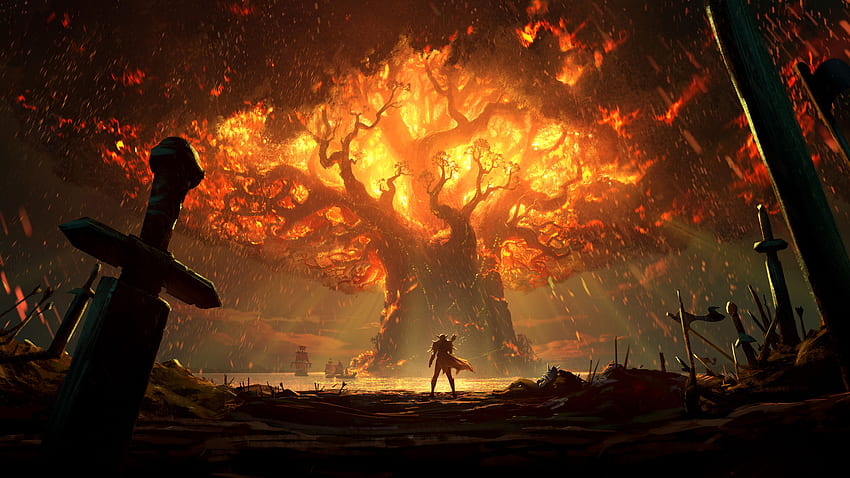 World Of Warcraft: Battle For Azeroth, arbre brûlant, épée, illustration Fond d'écran HD