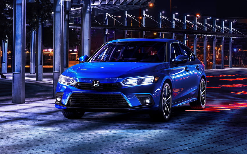 Honda Civic Sedan 2022, blu, luci al neon, notte per MacBook Pro 13 pollici Sfondo HD