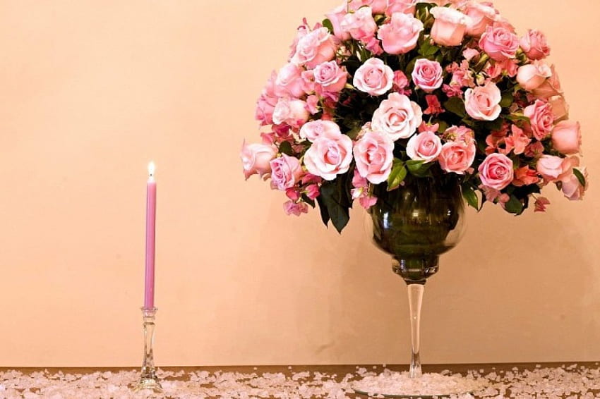 roses & candle, rose, still life, flowers, candle HD wallpaper