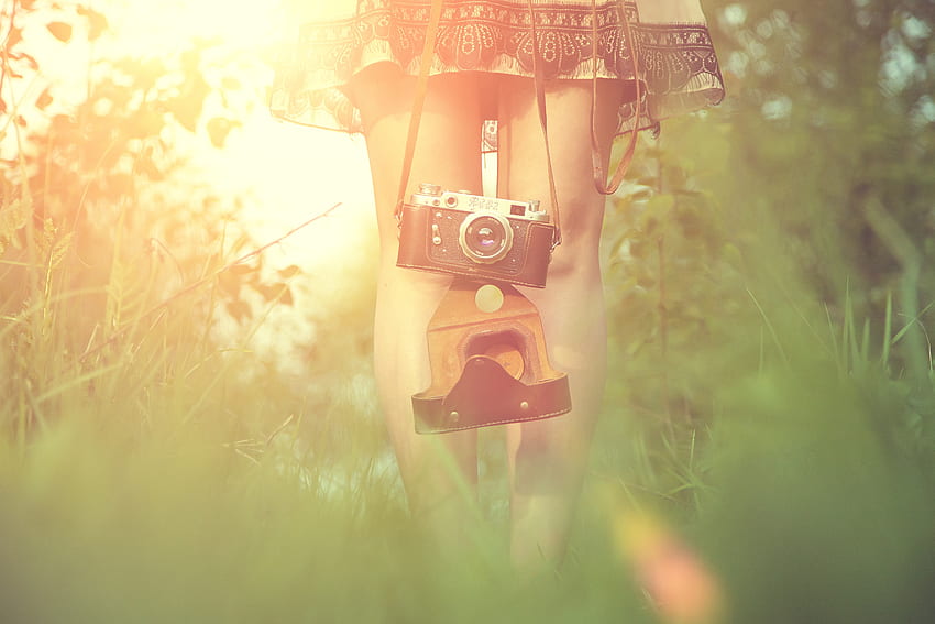 Grass, Sun, Glare, , , Legs, Girl, Camera, Dress HD wallpaper