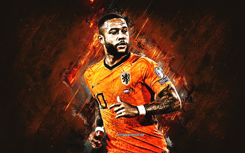 Memphis Depay, équipe nationale de football des Pays-Bas, joueur de football néerlandais, portrait, fond de pierre orange, football, Pays-Bas Fond d'écran HD