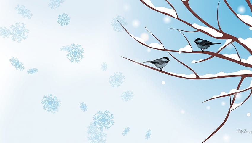 Árvore de inverno, azul, chapim, inverno, pássaro, frio, árvore, ramo, flocos de neve, neve, céu papel de parede HD