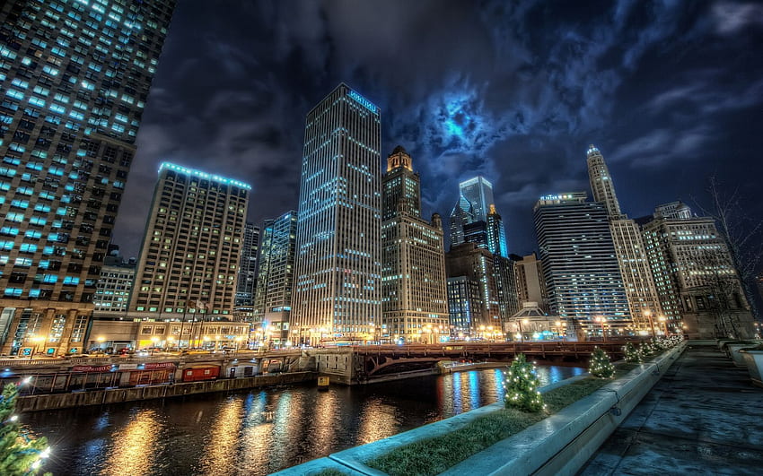 Water reflection night lights channel chicago Chicago City, Chicago ...