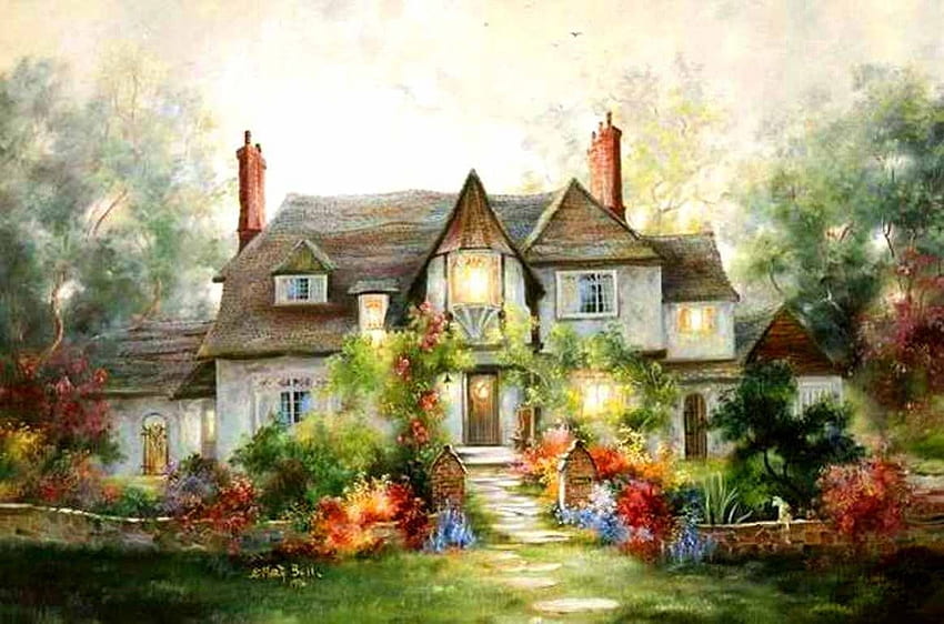 Country Manor, tanaman, jalan setapak, rumah, pohon, taman, bunga Wallpaper HD